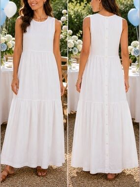 Beige White Sleeveless Maxi Dress XS Button Back Lined Boho Cotton Blend